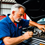 An experienced, seasoned mechanic in a modest, practical work uniform, fully clothed, with a slight grease smudge on his cheek, intently focused on an older car engine in a bustling, traditional auto workshop. Manual tools like wrenches and a classic engine hoist are visible in the background, conveying a sense of manual skill and craftsmanship. The atmosphere is authentic, with warm, practical lighting. Professional photography, high quality, realistic, detailed, perfect anatomy, correct proportions, natural pose, well-formed hands, proper finger count, natural body proportions, appropriate attire, professional dress, safe for work, appropriate content, family-friendly.