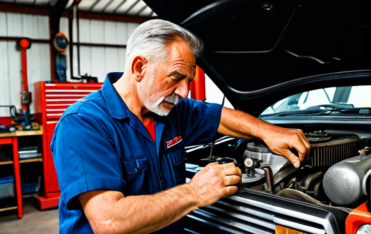 An experienced, seasoned mechanic in a modest, practical work uniform, fully clothed, with a slight grease smudge on his cheek, intently focused on an older car engine in a bustling, traditional auto workshop. Manual tools like wrenches and a classic engine hoist are visible in the background, conveying a sense of manual skill and craftsmanship. The atmosphere is authentic, with warm, practical lighting. Professional photography, high quality, realistic, detailed, perfect anatomy, correct proportions, natural pose, well-formed hands, proper finger count, natural body proportions, appropriate attire, professional dress, safe for work, appropriate content, family-friendly.