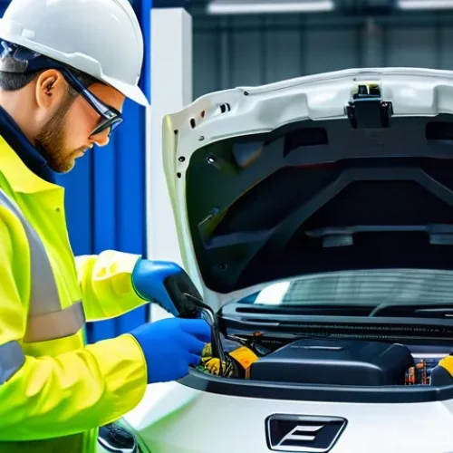 자동차정비 실무에서 전기차 수리 기술 - A highly skilled male electric vehicle technician, wearing a clean, modern workshop uniform, insulat...