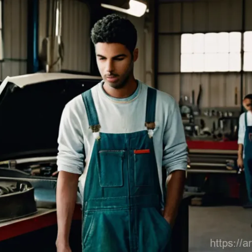 자동차정비기사 자격증 취득에 필요한 학습 자료 - **Prompt:** A young, earnest male mechanic in his early twenties, dressed in clean, functional overa...