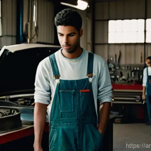 자동차정비기사 자격증 취득에 필요한 학습 자료 - **Prompt:** A young, earnest male mechanic in his early twenties, dressed in clean, functional overa...