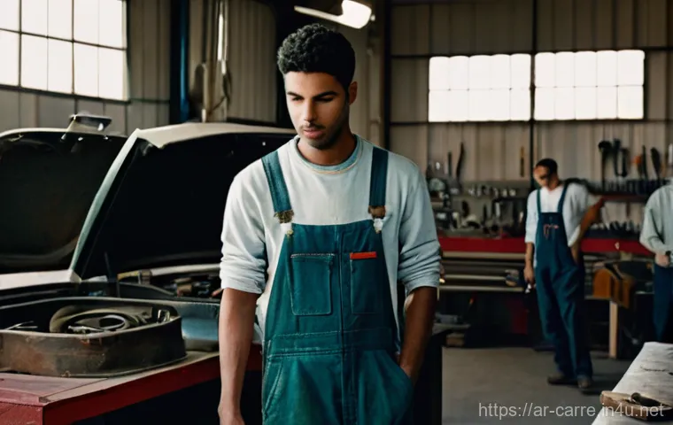 자동차정비기사 자격증 취득에 필요한 학습 자료 - **Prompt:** A young, earnest male mechanic in his early twenties, dressed in clean, functional overa...