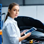 자동차정비 필기시험 공부 시간 관리법 - **Prompt:** A focused young automotive technician, male or female, in a clean, professional mechanic...