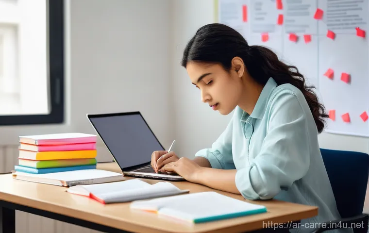 자동차정비 필기시험 공부 시간 관리법 - **Prompt:** A focused young automotive technician, male or female, in a clean, professional mechanic...