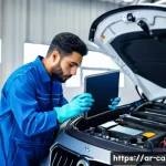자동차정비 실무에서 직면한 도전과 극복 사례 - A detailed automotive workshop scene in a modern Middle Eastern city, showing a skilled technician d...