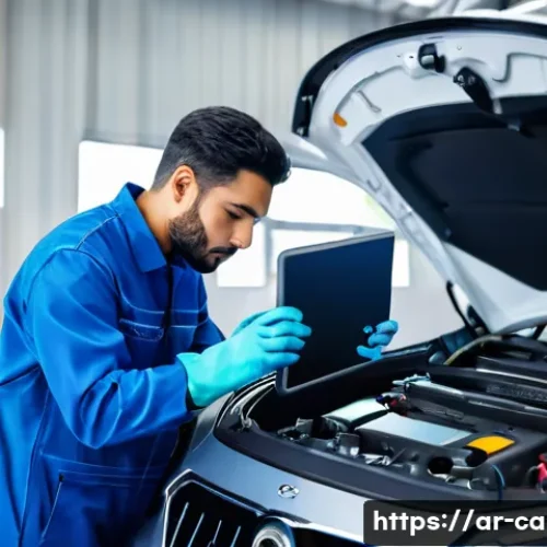 자동차정비 실무에서 직면한 도전과 극복 사례 - A detailed automotive workshop scene in a modern Middle Eastern city, showing a skilled technician d...