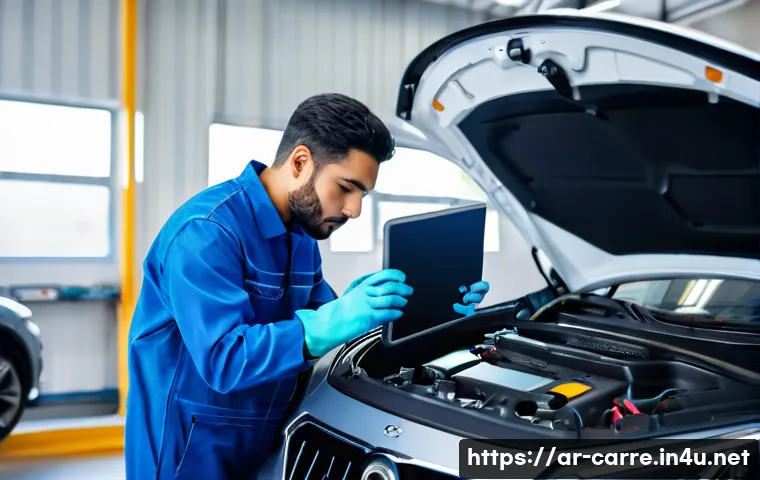 자동차정비 실무에서 직면한 도전과 극복 사례 - A detailed automotive workshop scene in a modern Middle Eastern city, showing a skilled technician d...