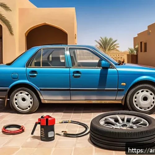 자동차정비 실무에서 자주 발생하는 문제 - A detailed scene of a Middle Eastern man in his 30s performing a home car maintenance check in a sun...