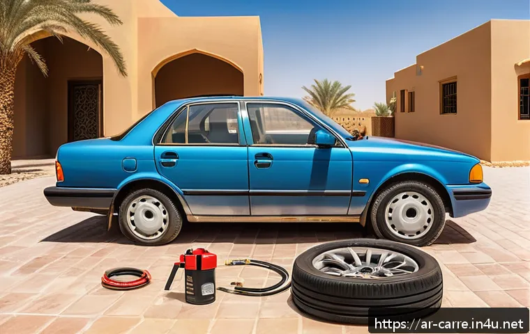 자동차정비 실무에서 자주 발생하는 문제 - A detailed scene of a Middle Eastern man in his 30s performing a home car maintenance check in a sun...