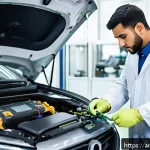 자동차정비기사의 커리어패스 설계 - A modern automotive workshop in the Arab world, featuring an experienced male car technician wearing...