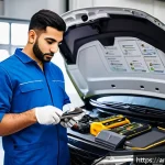 자동차정비 기술 향상을 위한 자격증 추천 - A professional Arab male automotive technician wearing a clean uniform and safety gloves, working di...