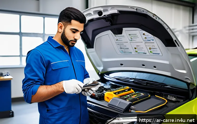 자동차정비 기술 향상을 위한 자격증 추천 - A professional Arab male automotive technician wearing a clean uniform and safety gloves, working di...