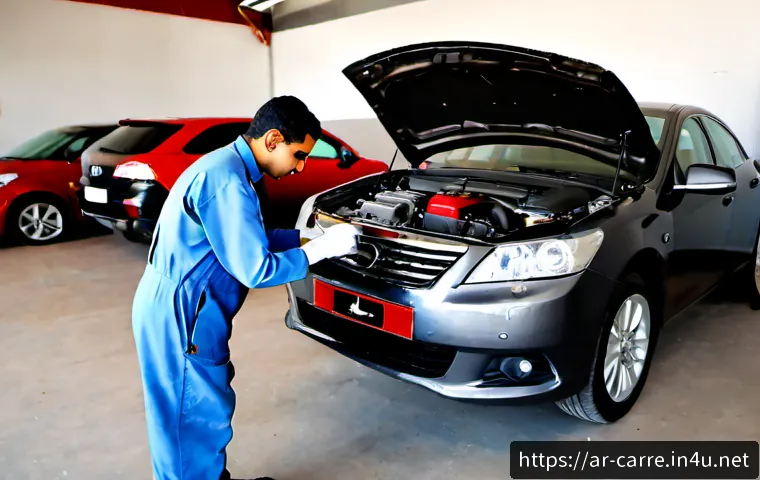 자동차정비 실기시험 연습용 차량 추천 - Photorealistic automotive practical-exam practice scene in a clean vocational garage in an Arab city...