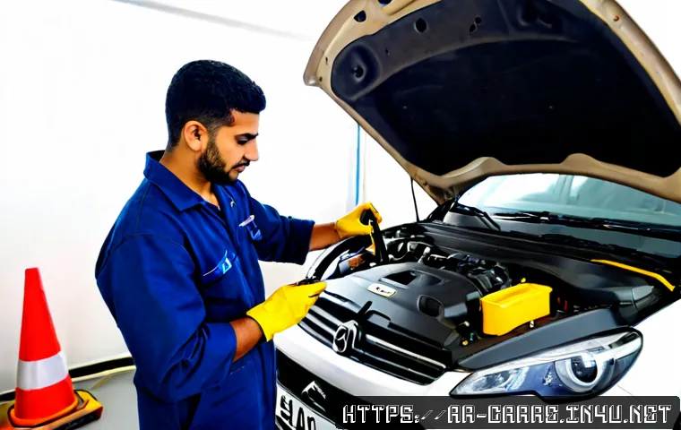 Home 17 자동차정비 실기시험 체크리스트 - Photorealistic automotive practical exam preparation scene in a clean Middle Eastern vocational work...